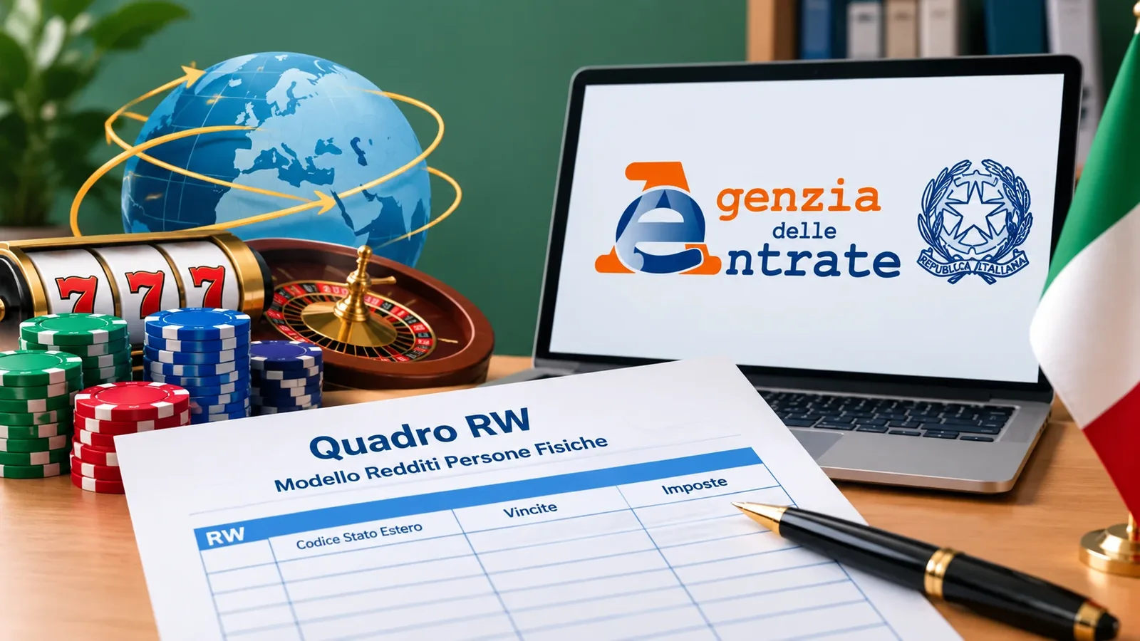 Modulo del quadro RW del Modello Redditi Persone Fisiche con le colonne Codice Stato Estero, Vincite e Imposte, accanto a un laptop con il logo dell'Agenzia delle Entrate, fiches, slot e un mappamondo